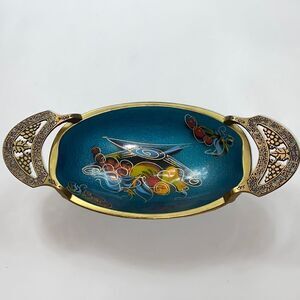 Vintage 1960 Enamel Judaica Teal Brass Fruit Bowl Display Plate Made In Israel